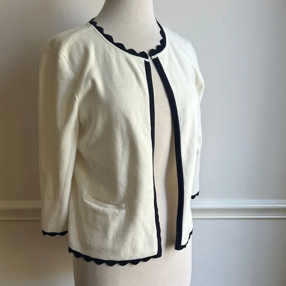 1901 knit Ivory black cotton Scallop Edge Open Front cardigan sweater medium EUC - Picture 1 of 9